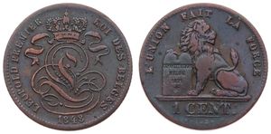 Belgium, Kingdom, Leopold I, 1 Centime Copper 1848, Seated lion with tablet, Morin 121, EXTREMELY RARE KEY DATE, A.VF