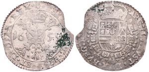 Spanish Netherlands, Philip IV, 1 Patagon Silver 1659, Cross with crown and golden fleece within circle / Crowned arms within circle, VH 645.AN - Antwerp, A.VF