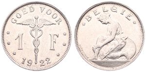 Belgium, Kingdom, Albert I, 1 Franc Nickel 1922FL, Kneeling woman left, Morin 397, UNC