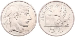Belgium, Kingdom, Prince Charles, 50 Francs Silver 1951FL, Helmeted head of Mercurius right, Morin 515, XF/AU