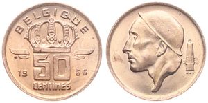 Belgium, Kingdom, Baudouin I, 50 Centimes Bronze 1966FR, Helmeted mine worker left, Morin 674, UNC !