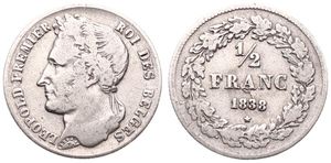 Belgium, Kingdom, Leopold I, 1/2 Franc Silver 1838, Laureate head left, Morin 31, SCARCE DATE, A.VF