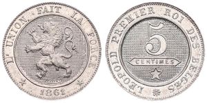 Belgium, Kingdom, Leopold I, 5 Centimes Copper-Nickel 1861, Rampant lion within circle left, Morin 137a, VARIETY, A.UNC