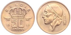 Belgium, Kingdom, Baudouin I, 50 Centimes Bronze 1957FL, Helmeted mine worker left, Morin 663, UNC !
