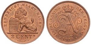 Belgium, Kingdom, Albert I, 2 Centimes Copper 1919FL, Seated lion with tablet, Morin 316, UNC