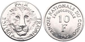 Congo Democratic Republic, Republic, 10 Francs Aluminum 1965, Lion facing, KM 1 (large lettering), UNC