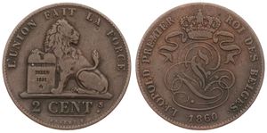 Belgium, Kingdom, Leopold I, 2 Centimes Copper 1860, Seated lion with tablet, Morin 108, WITH NORMAL 0 IN DATE, VF
