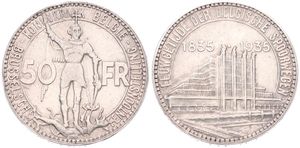 Belgium, Kingdom, Leopold III, 50 Francs Silver 1935FL (Position A), 100th Anniversary of Belgian Railways & World Exhibition in Brussels, Morin 443a, VF