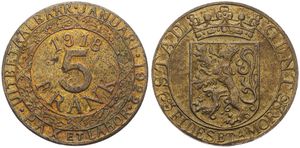 Belgium, Kingdom, Gent, 5 Franken Brass Plated Iron 1918, Emergency Issue - Rampant Lion within shield and circle/ Legend : Uitbetaalbaar januari 1922, KM Tn7, VF