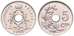 Belgium, Kingdom, Albert I, 5 Centimes Copper-Nickel 1922/12FL, Center hole within crowned monogram, Morin 362b, UNC