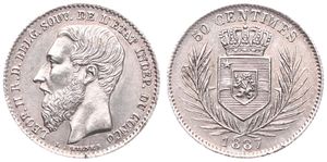 Congo Free State, Royal Domain, Leopold II, 50 Centimes Silver 1887, Bearded head left, KM 5, KEY DATE, A.UNC