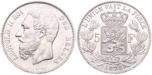 Belgium, Kingdom, Leopold II, 5 Francs Silver 1875, Bearded head left, Morin 162, XF