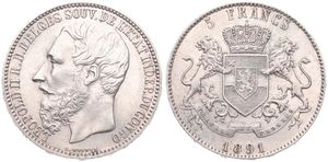 Congo Free State, Royal Domain, Leopold II, 5 Francs Silver 1891, Bearded head left, KM 8.1, RARE, XF
