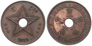 Congo Free State, Royal Domain, Leopold II, 5 Centimes Copper 1888/7, Center hole flanked by crowned monograms within beaded circle, KM 3, XF