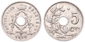 Belgium, Kingdom, Albert I, 5 Centimes Nickel-Brass 1930FL, Center hole within crowned monogram, Morin 429, SCARCE VARIETY WITH DOUBLE 0 IN DATE !, VF
