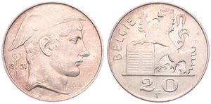 Belgium, Kingdom, Prince Charles, 20 Francs Silver 1951FL, Helmeted head of Mercurius right, Morin 520, XF/AU