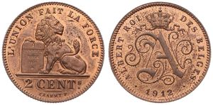 Belgium, Kingdom, Albert I, 2 Centimes Copper 1912FR, Seated lion with tablet, Morin 312, UNC