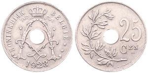 Belgium, Kingdom, Albert I, 25 Centimes Copper-Nickel 1928FL, Center hole within crowned monogram, Morin 334, A.UNC 