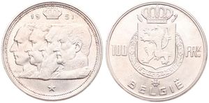 Belgium, Kingdom, Prince Charles, 100 Francs Silver 1951FL, Conjoined heads of four Kings, Morin 508, XF/AU