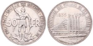 Belgium, Kingdom, Leopold III, 50 Francs Silver 1935FR (Position A), 100th Anniversary of Belgian Railways & World Exhibition in Brussels, Morin 442a, A.UNC