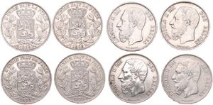 Belgium, Kingdom, Leopold II, Good lot with 4 different 5 Francs silver coins in various grades including better items...
