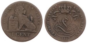 Belgium, Kingdom, Leopold I, 1 Centime Copper 1857, Seated lion with tablet, Morin 125a, SCARCER DATE & VARIETY : WITHOUT DASH BELOW CENT, Fine