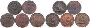Belgium, Kingdom, Leopold I, Good lot with 5 different 2 Centimes copper coins in various grades including better items or grades...