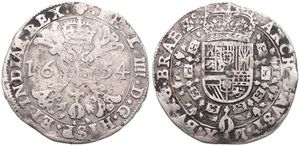 Spanish Netherlands, Philip IV, 1/2 Patagon Silver 1654, Cross with crown and golden fleece within circle / Crowned arms within circle, VH 646.BS - Brussels, A.VF