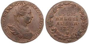 Austrian Netherlands, Maria Theresia, 2 Liards Copper 1777(b), Veiled bust right, KM 29 Brussels, XF