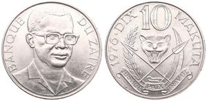 Zaire, Republic, 10 Makuta Copper-Nickel 1976, Bust of Mobutu right, KM 7, A.UNC