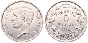 Belgium, Kingdom, Albert I, 5 Francs (1 Belga) Nickel 1930FL (Position B), Head left, Morin 383b, XF