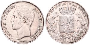 Belgium, Kingdom, Leopold I, 5 Francs Silver 1865, Bare head left, Morin 45, XF !