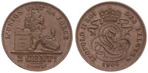 Belgium, Kingdom, Leopold II, 2 Centimes Copper 1905FR, Seated lion with tablet, Morin 215, XF/AU