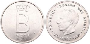 Belgium, Kingdom, Baudouin I, 250 Francs Silver 1976FL, Silver Jubilee, Morin 781a, VARIETY WITH SMALL MONOGRAM B !, A.UNC