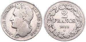 Belgium, Kingdom, Leopold I, 2 Francs Silver 1838, Laureate head left, Morin 18a (Postion A), SCARCE, Fine (edgenick)