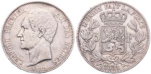 Belgium, Kingdom, Leopold I, 5 Francs Silver 1851, Bare head left, Morin 41, VF