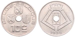 Belgium, Kingdom, Leopold III, 10 Centimes Nickel-Brass 1939FL/FR, Center hole within crowned monogram, Morin 466, UNC
