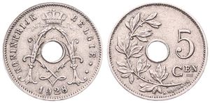 Belgium, Kingdom, Albert I, 5 Centimes Copper-Nickel 1928FL, Center hole within crowned monogram, Morin 372, SCARCE VARIETY WITH DOUBLE 9 IN DATE !, VF