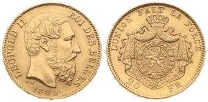 Belgium, Kingdom, Leopold II, 20 Francs Gold 1882, Bearded head right, Morin 151, XF (*)
