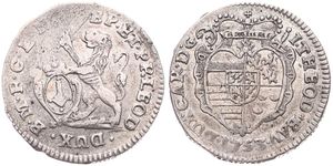 Liege, Bishoperic, John Theodore, 2 Escalins Silver 1753, Crowned eight-fold arms on crossed sword and scepter / Rampant lion holding sword and Episcopal shield, KM 161, A.VF