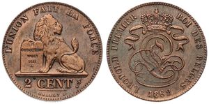 Belgium, Kingdom, Leopold I, 2 Centimes Copper 1862, Seated lion with tablet, Morin 110a, A.XF (cleaned)