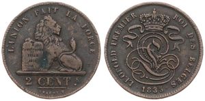 Belgium, Kingdom, Leopold I, 2 Centimes Copper 1835, Seated lion with tablet, Morin 89f, VARIETY WITH INCOMPLETE T IN CENT & STAR BEFORE AND AFTER THE DATE !, A.VF