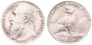Belgium, Kingdom, Leopold II, 50 Centimes Silver 1901FL, Seated lion left, Morin 193, A.UNC
