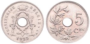 Belgium, Kingdom, Albert I, 5 Centimes Copper-Nickel 1923/13FL, Center hole within crowned monogram, Morin 364a, UNC