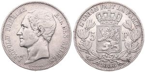 Belgium, Kingdom, Leopold I, 5 Francs Silver 1858, Bare head left, Morin 44, SCARCE KEY DATE, A.VF