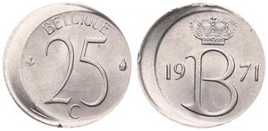 Belgium, Kingdom, Baudouin I, 25 Centimes Copper-Nickel 1971FR, Crown above monogram B, Morin 748, SCARCER ERROR COIN !, UNC