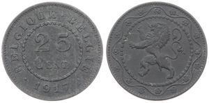 Belgium, Kingdom, Albert I, 25 Centimes Zinc 1917FR/FL, German Occupation - Rampant lion within circle, Morin 435, SCARCE KEY DATE, A.XF