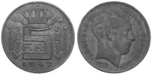 Belgium, Kingdom, Prince Charles, 5 Francs Zinc 1947FL, Head right, Morin 533, EXTREMELY RARE KEY DATE, VF
