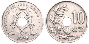 Belgium, Kingdom, Albert I, 10 Centimes Copper-Nickel 1926/25FL, Center hole within crowned monogram, Morin 346b, SCARCER OVERSTRIKE, A.VF