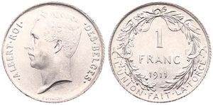 Belgium, Kingdom, Albert I, 1 Franc Silver 1911FR, Head left, Morin 290, UNC
